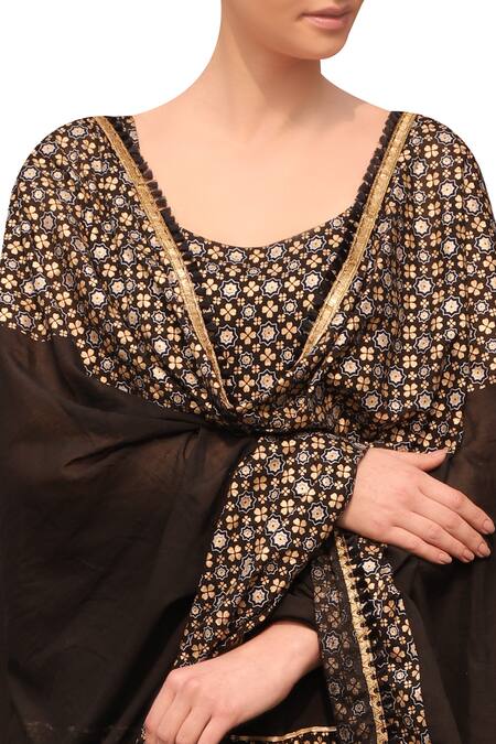 Shop_Seema Nanda_Black Fine Cotton Mul Floral Print Anarkali Set _Online_at_Aza_Fashions