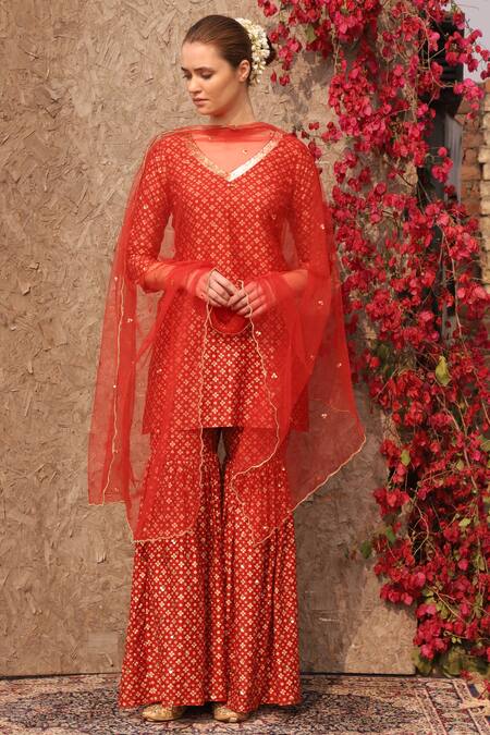 Buy_Seema Nanda_Red Printed Floral Kurta Sharara Set  _Online_at_Aza_Fashions