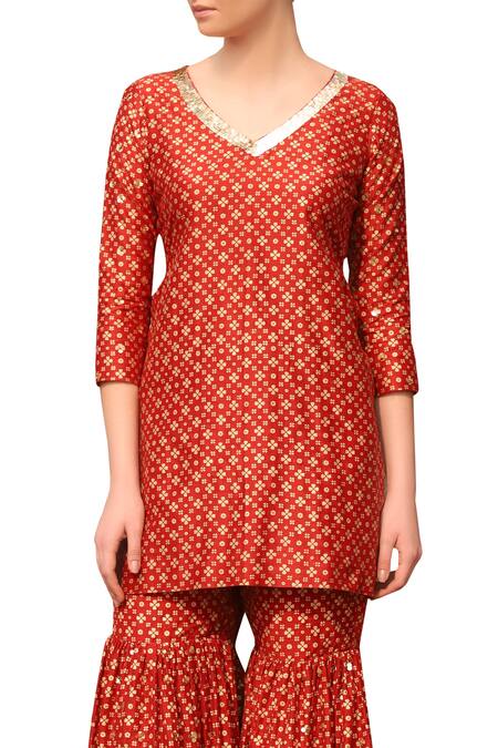 Shop_Seema Nanda_Red Printed Floral Kurta Sharara Set  _Online_at_Aza_Fashions
