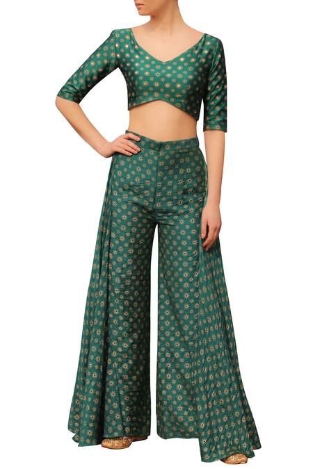 Seema Nanda_Green Chanderi Silk Printed Floral V Neck Crop Top Wide Leg Pant Set  _Online_at_Aza_Fashions