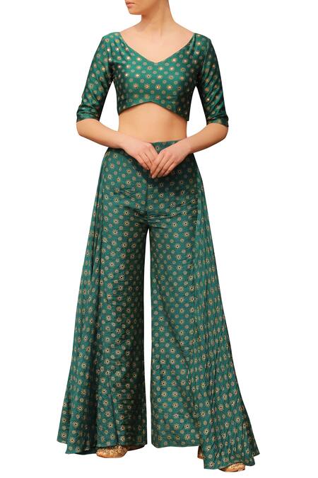 Shop_Seema Nanda_Green Chanderi Silk Printed Floral V Neck Crop Top Wide Leg Pant Set  _Online_at_Aza_Fashions