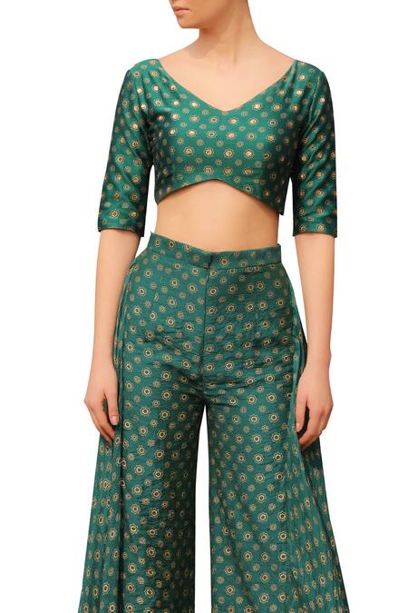 Seema Nanda_Green Chanderi Silk Printed Floral V Neck Crop Top Wide Leg Pant Set  _at_Aza_Fashions