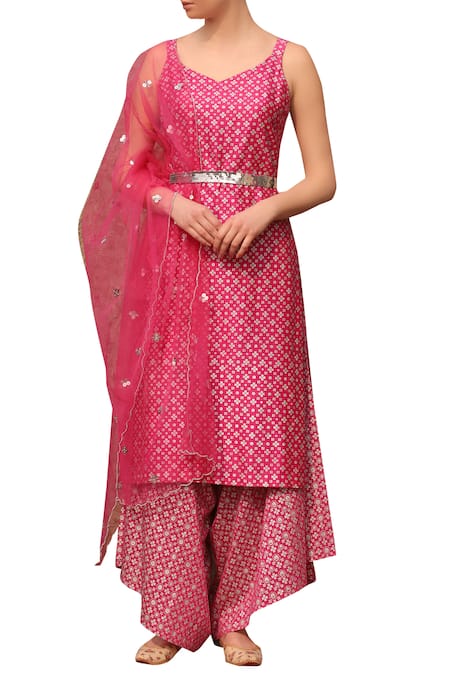 Seema Nanda Pink Printed Sequin Leaf Neck Floral Embellished Kurta Set  