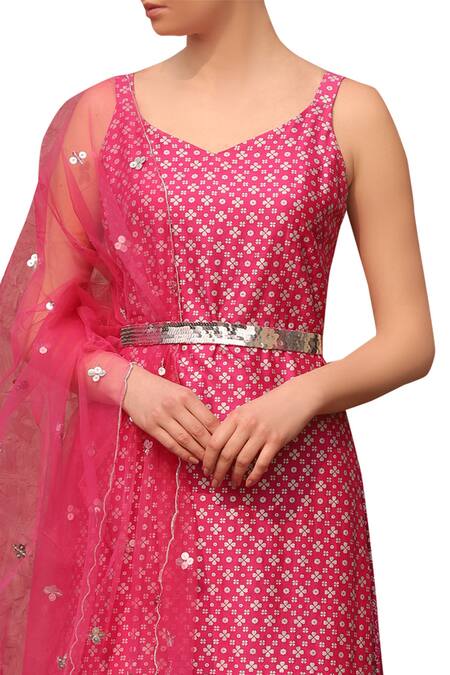 Shop Seema Nanda Pink Printed Sequin Leaf Neck Floral Embellished Kurta Set Online at Aza Fashions Shop_Seema Nanda_Pink Printed Sequin Leaf Neck Floral Embellished Kurta Set _Online_at_Aza_Fashions