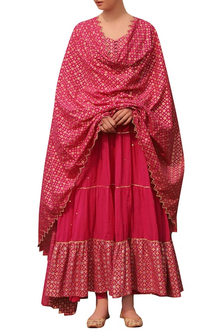 Seema Nanda Pink Cotton Mul Floral, Sequins Leaf Tiered Anarkali Set 