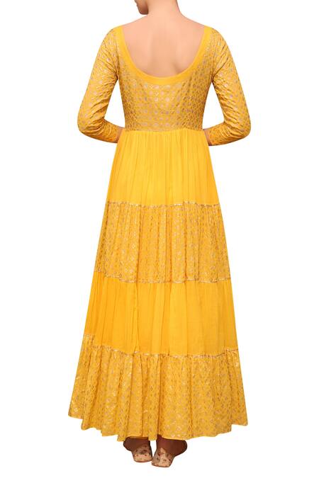 Shop_Seema Nanda_Yellow Cotton Mul Printed Sequin Leaf Neck Floral Anarkali Set By Seema Nanda_at_Aza_Fashions