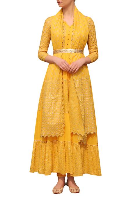 Seema Nanda_Yellow Cotton Mul Printed Sequin Leaf Neck Floral Anarkali Set By Seema Nanda_Online_at_Aza_Fashions