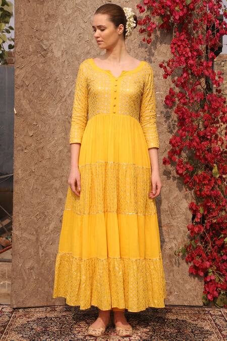 Buy_Seema Nanda_Yellow Cotton Mul Printed Sequin Leaf Neck Floral Anarkali Set By Seema Nanda_Online_at_Aza_Fashions