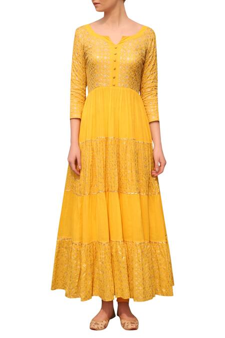 Shop_Seema Nanda_Yellow Cotton Mul Printed Sequin Leaf Neck Floral Anarkali Set By Seema Nanda_Online_at_Aza_Fashions
