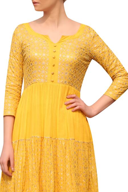 Seema Nanda_Yellow Cotton Mul Printed Sequin Leaf Neck Floral Anarkali Set By Seema Nanda_at_Aza_Fashions