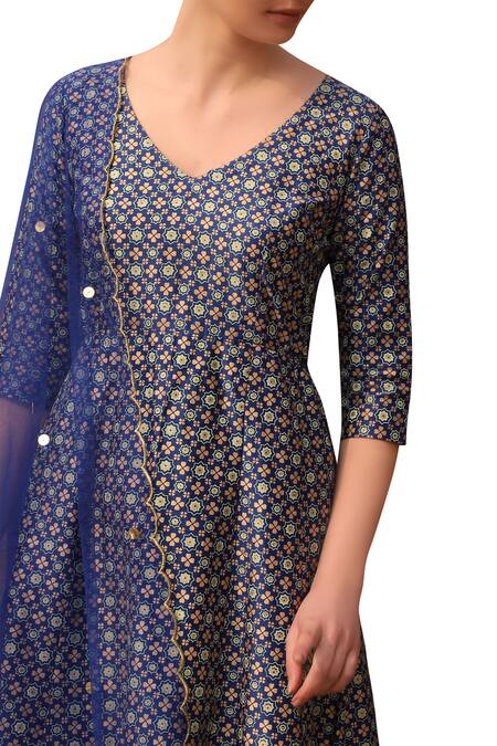 Seema Nanda_Blue Chanderi Silk Printed Floral V Neck Anarkali Set  _at_Aza_Fashions