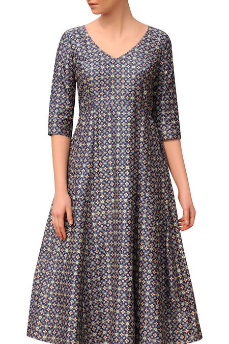Shop_Seema Nanda_Blue Chanderi Silk Printed Floral V Neck Anarkali Set  _Online_at_Aza_Fashions