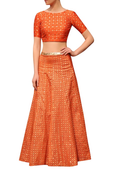 Seema Nanda_Orange Chanderi Silk Printed Floral Round Lehenga Set  _Online_at_Aza_Fashions
