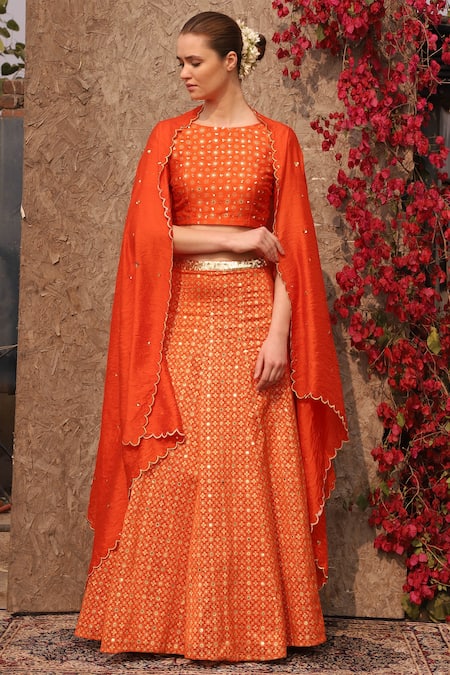 Buy_Seema Nanda_Orange Chanderi Silk Printed Floral Round Lehenga Set  _Online_at_Aza_Fashions