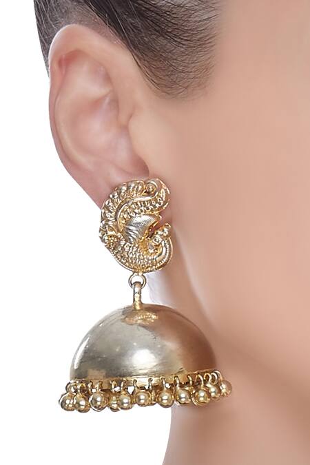 Shop Motifs By Surabhi Didwania Gold Plated Carved Peacock Head Jhumkas at Aza Fashions Shop_Motifs By Surabhi Didwania_Gold Plated Carved Peacock Head Jhumkas_at_Aza_Fashions