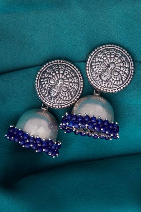 Buy_Motifs By Surabhi Didwania_Silver Plated Carved Head Jhumkas_Online_at_Aza_Fashions