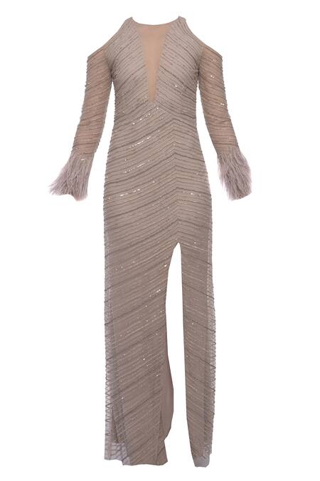 Platinoir_Pink Embroidered High Slit Gown_Online_at_Aza_Fashions