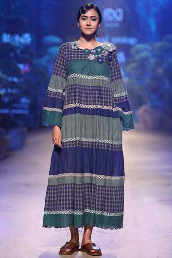 Buy Payal Pratap Blue Handloom Cotton Embroidered Patchwork Round Maxi Dress at Aza Fashions Buy_Payal Pratap_Blue Handloom Cotton Embroidered Patchwork Round Maxi Dress _at_Aza_Fashions