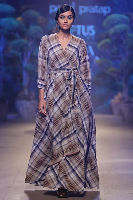 Payal Pratap Blue Cotton Linen Printed Checkered V Neck Wrap Maxi Dress  