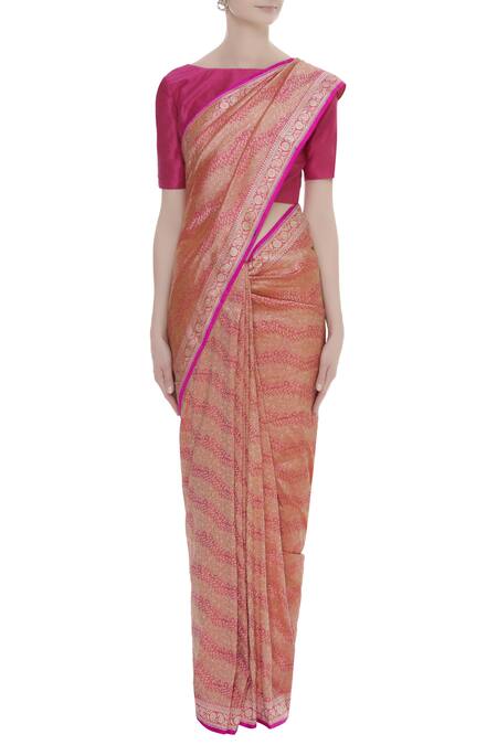 Ekaya Banaras_Pink Handwoven Saree With Unstitched Blouse_Online_at_Aza_Fashions