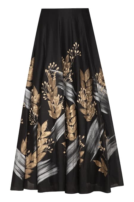 Buy_Devnaagri_Black Cotton Silk Satin Handpainted Floral Hand Lehenga Set _Online_at_Aza_Fashions