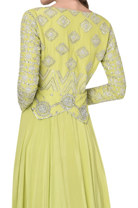 Buy_Mani Bhatia_Green Plunge Neck Embroidered Gown _Online_at_Aza_Fashions