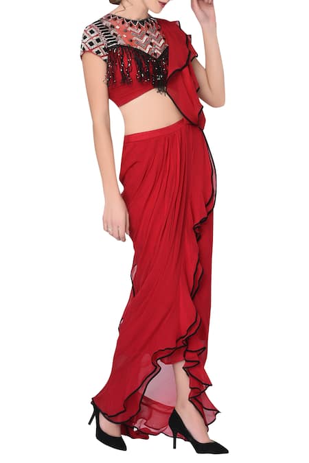 Mani Bhatia Red Pre-pleated Saree With Blouse 