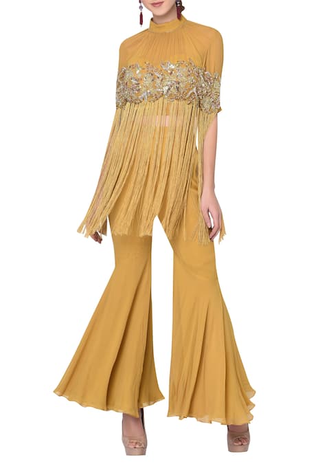 Mani Bhatia Yellow Embroidered Blouse And Pant Set 