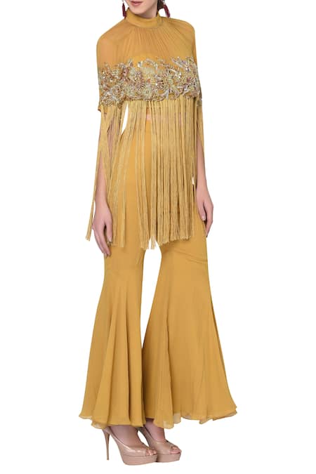 Shop Mani Bhatia Yellow Embroidered Blouse And Pant Set at Aza Fashions Shop_Mani Bhatia_Yellow Embroidered Blouse And Pant Set _at_Aza_Fashions