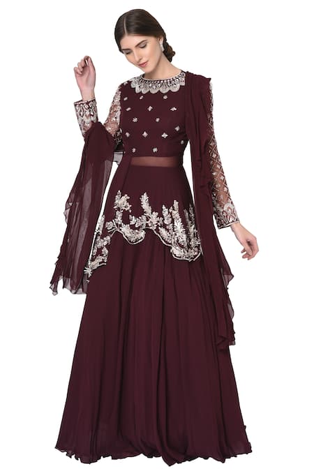 Buy Mani Bhatia Wine Embroidered Kurta Lehenga Set Online at Aza Fashions Buy_Mani Bhatia_Wine Embroidered Kurta Lehenga Set _Online_at_Aza_Fashions