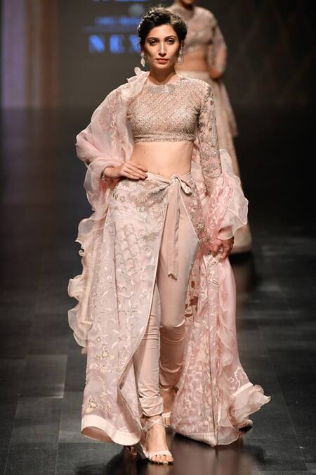 Mishru Pink Organza Embroidered Checkered Round Fusion Kurta Set