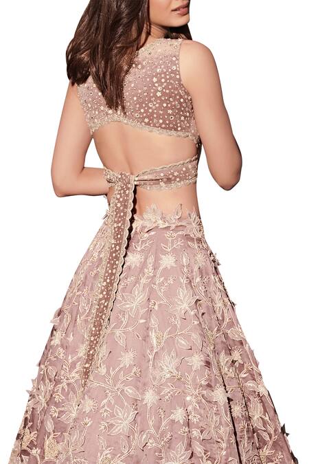 Shop Mishru Pink Organza Embroidered V Neck Lehenga Set at Aza Fashions Shop_Mishru_Pink Organza Embroidered V Neck Lehenga Set_at_Aza_Fashions