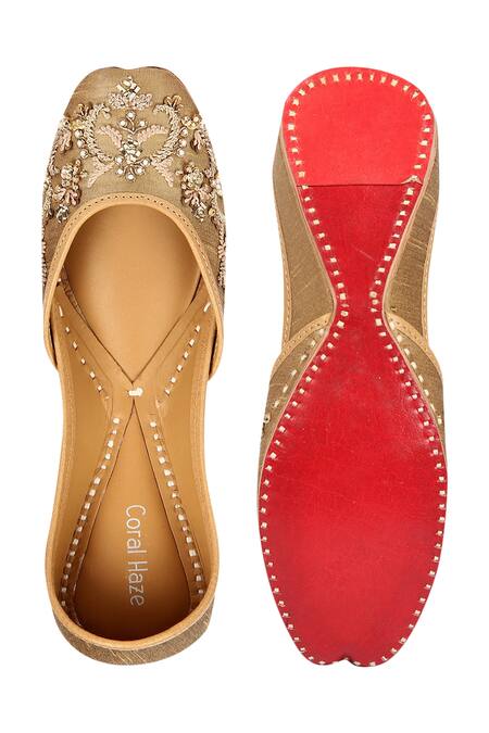 Shop_Coral Haze_Gold Zardozi-embroidered-juttis_at_Aza_Fashions