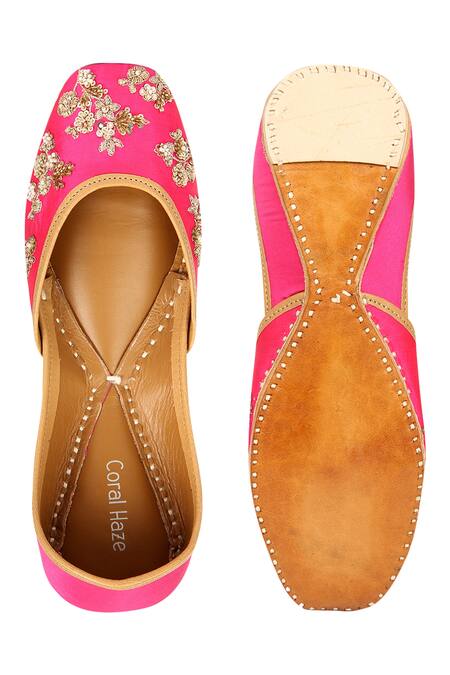 Shop_Coral Haze_Pink Printed-embroidered-juttis_at_Aza_Fashions