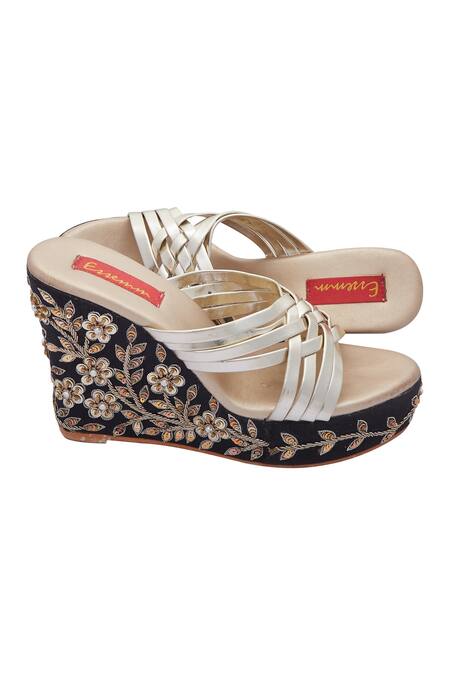 Essemm Black Embroidered Criss Cross Wedge Sandals Online at Aza Fashions Essemm_Black Embroidered Criss Cross Wedge Sandals _Online_at_Aza_Fashions
