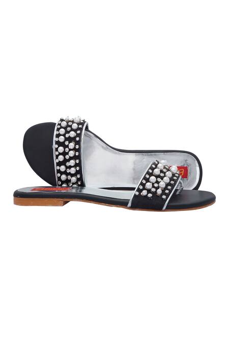 Essemm_Black Bead Embroidered Sandals_Online_at_Aza_Fashions