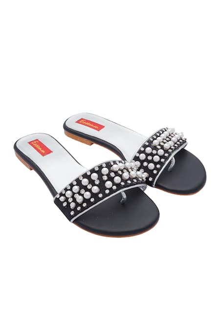 ESSEMM Black Bead Embroidered Sandals