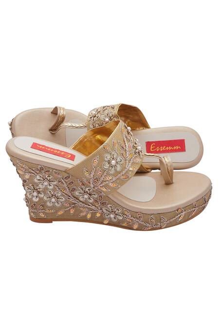 Essemm_Gold Embroidered Open Toe Wedges _Online_at_Aza_Fashions