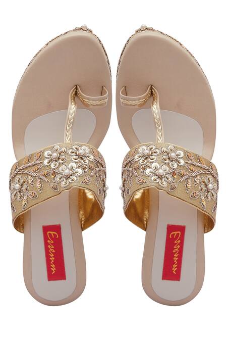 Shop_Essemm_Gold Embroidered Open Toe Wedges _at_Aza_Fashions