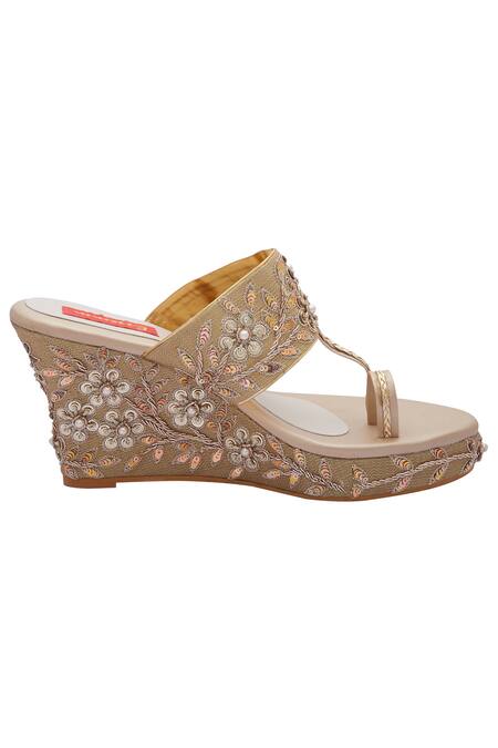 Buy_Essemm_Gold Embroidered Open Toe Wedges _Online_at_Aza_Fashions