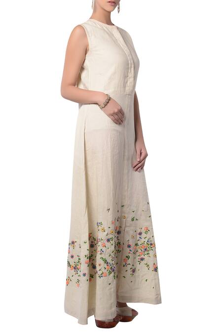 5x By Ajit Kumar_Cream Linen Floral Embroidered Dress_Online_at_Aza_Fashions