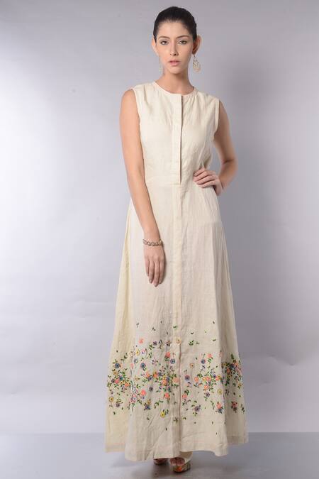 Buy_5x By Ajit Kumar_Cream Linen Floral Embroidered Dress_Online_at_Aza_Fashions