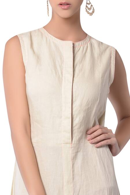 Shop_5x By Ajit Kumar_Cream Linen Floral Embroidered Dress_Online_at_Aza_Fashions