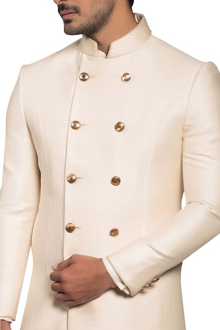 More Mischief_Off White Raw Silk Double Breasted Sherwani Set _Online_at_Aza_Fashions