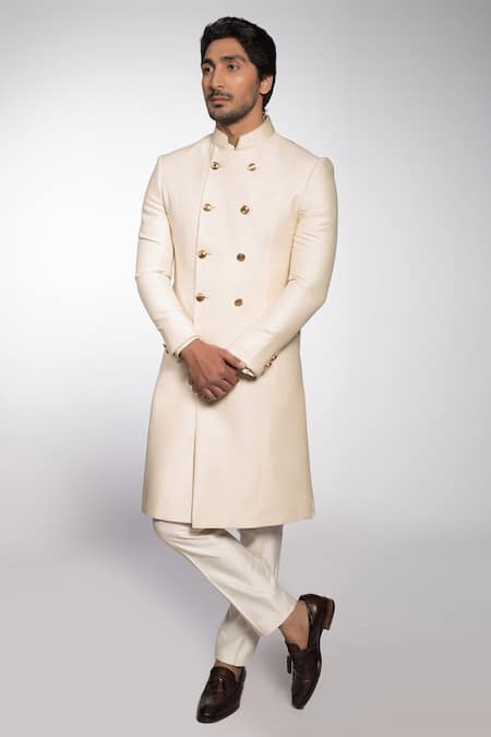 Buy_More Mischief_Off White Raw Silk Double Breasted Sherwani Set _Online_at_Aza_Fashions