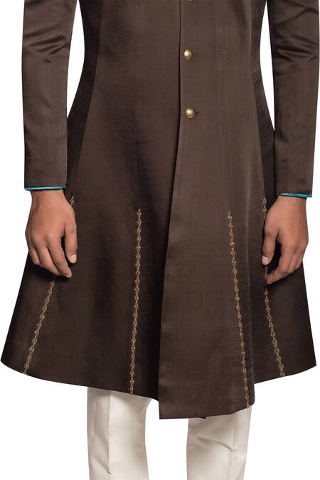 Buy_More Mischief_Brown Linen Silk Embroidered Zardosi Flared Sherwani Set _Online_at_Aza_Fashions