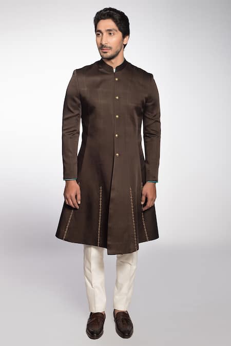 More Mischief_Brown Linen Silk Embroidered Zardosi Flared Sherwani Set _Online_at_Aza_Fashions