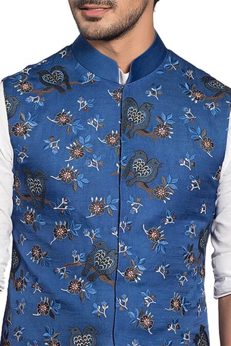 More Mischief_Black Linen Silk Embroidered Resham Thread Nehru Jacket Set_Online_at_Aza_Fashions