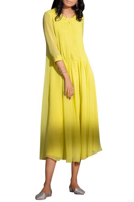 Shop_Ampm_Yellow Pintuck Flared Tunic_at_Aza_Fashions