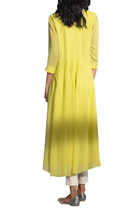 Ampm_Yellow Pintuck Flared Tunic_Online_at_Aza_Fashions
